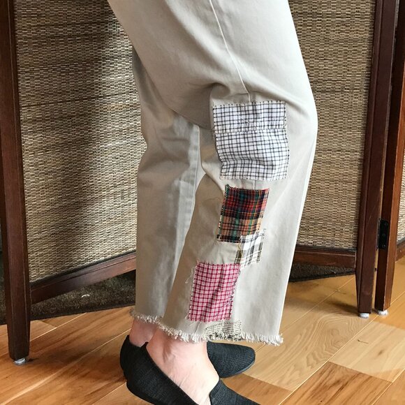Upcycled Cropped Boho Patchwork Khaki Pants, Travel Leisure Women's Size 10 - Picture 5 of 14